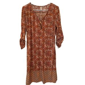 Tacera Sheath Dress Gold Brown Floral Geom Stretch 3/4 Or Long Sleeve Petite M